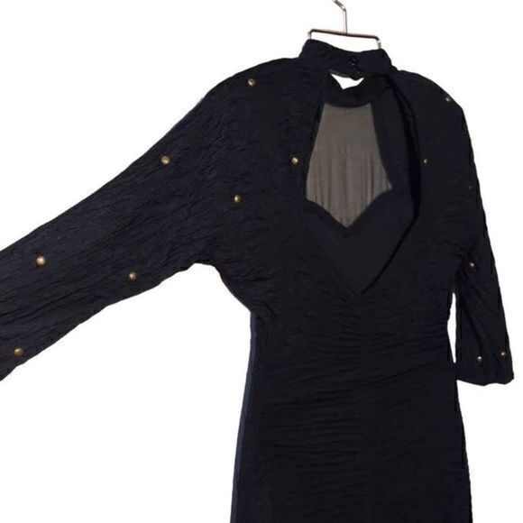 Absolutely! 80s Black Bodycon Mini Dress with Brass Stud Detailing and Choker Ne - Picture 7 of 15